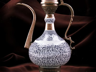 Classic Wine Bottle With Blue And White Intricate Patterns Ornate Metal Handle On Dark Fabric 3d model
