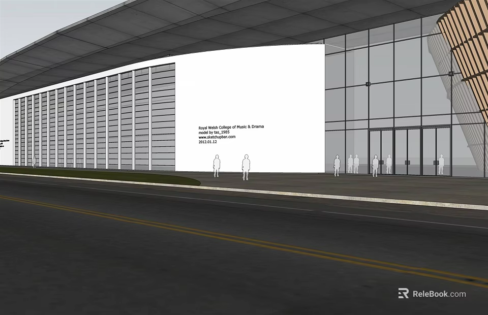 Modern Building Exterior With Glass Curtain Walls Metal Panel Facade Road Front And Pedestrians 3d model 