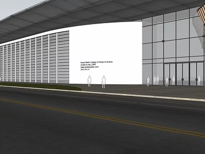 Modern Building Exterior With Glass Curtain Walls Metal Panel Facade Road Front And Pedestrians 3d model