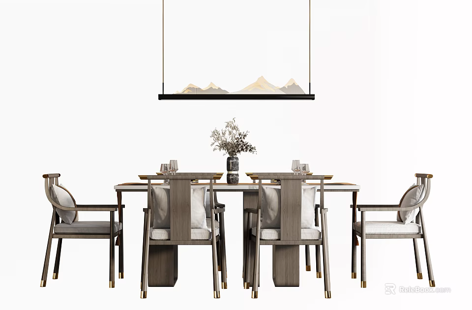 Modern Round Dining Table Set With Four Chairs Vase And Pendant Light 3d model