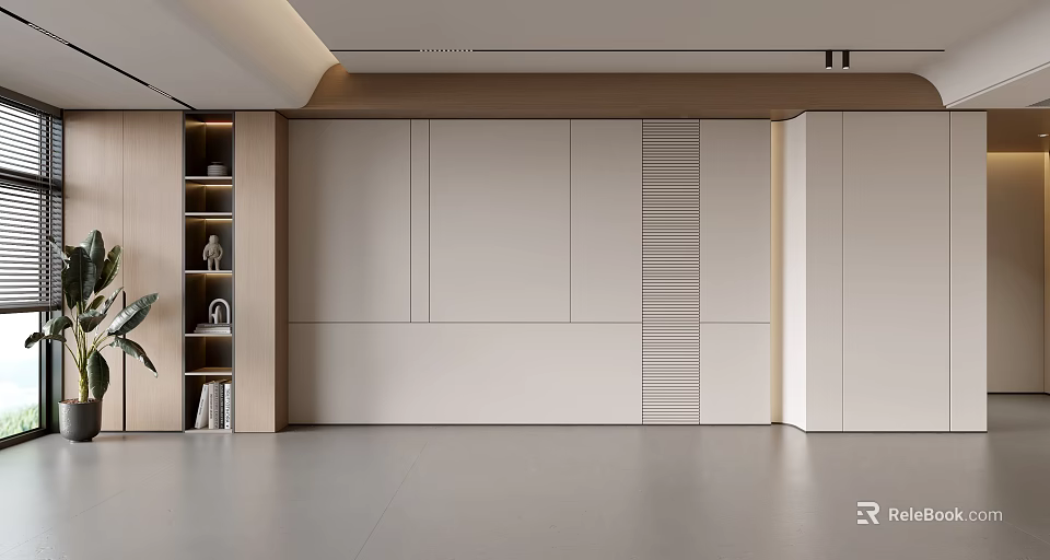 Modern Sofa Backdrop Wall Design With Sleek Panels Built in Storage And Neutral Tones 3d model