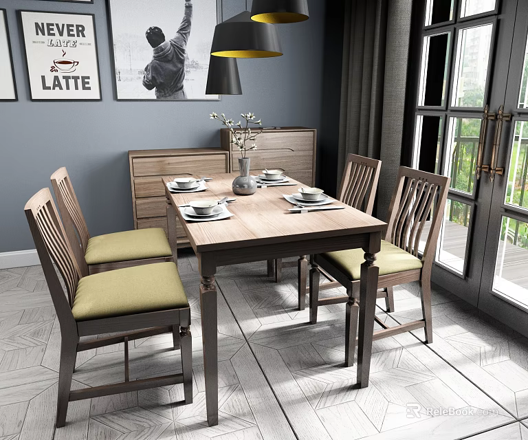 Wooden Dining Table Set with Yellow Cushioned Chairs and Decorative Vase in Modern Dining Room 3d model 