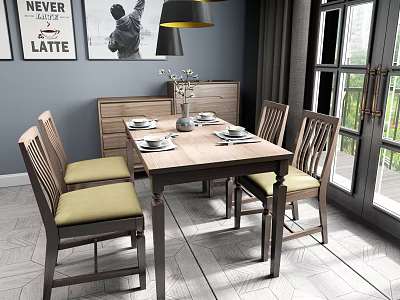 Wooden Dining Table Set with Yellow Cushioned Chairs and Decorative Vase in Modern Dining Room 3d model