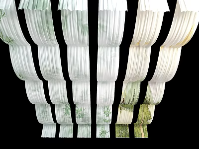 Elegant White And Green Ceiling Drapery With Layered Hanging Design And Soft Fabric 3d model