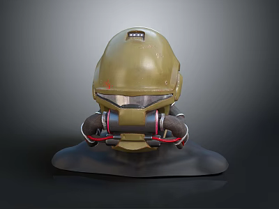 Golden Military Style Helmet Sculpture With Transparent Visor And Side Breathing Apparatus On Black Display Base 3d model