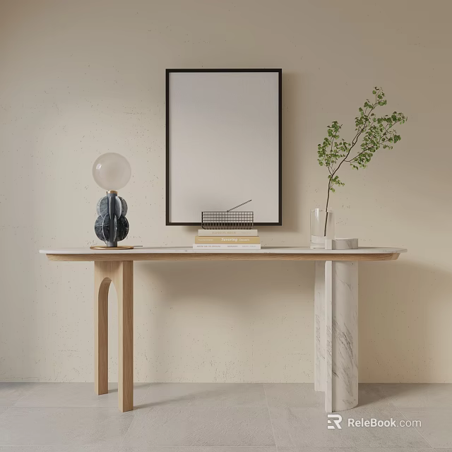 Modern Minimalist Console Table with Wooden Frame Marble Accent Lamp Picture Frame Plant and Books 3d model 