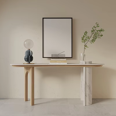 Modern Minimalist Console Table with Wooden Frame Marble Accent Lamp Picture Frame Plant and Books 3d model