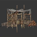 Rustic Outdoor Market Stall Components With White Canopies Wooden Frames Fishing Nets And Baskets