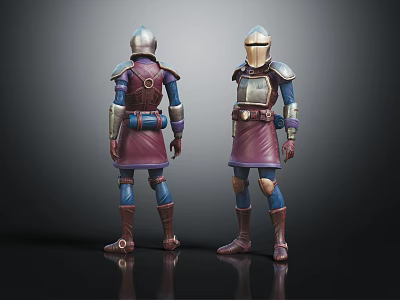 Two Armored Characters Front And Back View With Detailed Purple Blue Armor 3d model