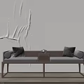 Modern Wooden Daybed with Pillows and Small Table in Interior with Textured Wall and Bookshelf