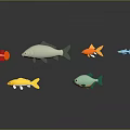 Colorful Various Shapes Fish Decorative Figures With Reflections On Dark Background