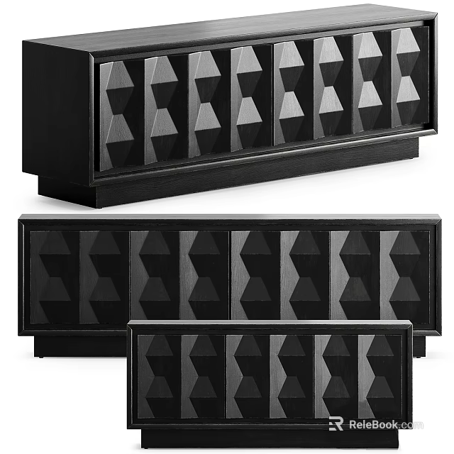Modern Black TV Stand With Geometric Pattern Drawers And Sturdy Wooden Base 3d model 