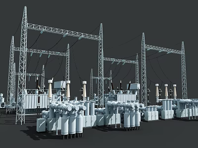 Industrial Electrical Equipment Including High Voltage Transformers Insulators And Transmission Towers 3d model