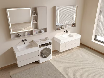 Modern White Bathroom Vanity With Mirror Shelves And Washing Machine Setup 3d model