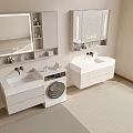 Modern White Bathroom Vanity With Mirror Shelves And Washing Machine Setup 3d model