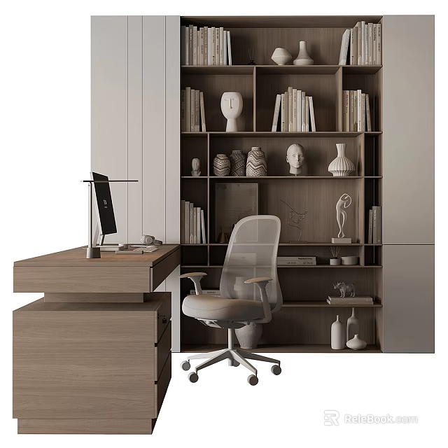 Modern Wooden Office Desk And Chair Set With Bookshelf And Computer Monitor 3d model 