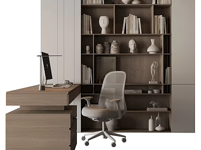 Modern Wooden Office Desk And Chair Set With Bookshelf And Computer Monitor 3d model