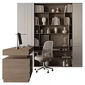 Modern Wooden Office Desk And Chair Set With Bookshelf And Computer Monitor