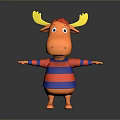 Cartoon Moose Character With Yellow Antlers Red Hat And Striped Sweater Open Arms Gray Background