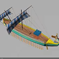 Traditional Sailing Watercraft with Blue White Striped Sails Wooden Deck and Colorful Hull