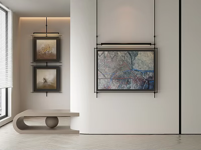 Abstract Painting In Modern Room With White Wall And Decorative Artworks Near Curved Bench 3d model