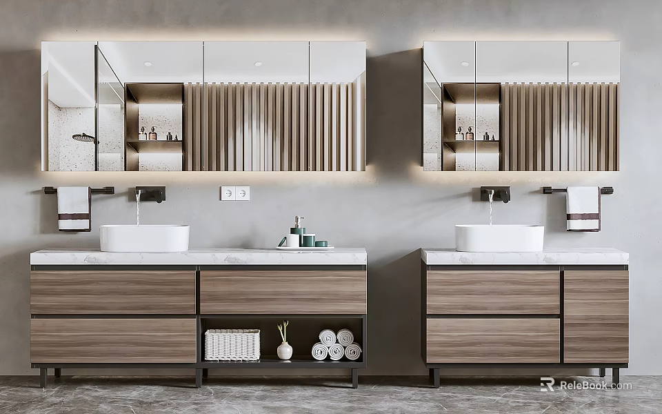 Sleek Modern Bathroom Vanity with Double Washbasins Wooden Cabinets and Large Mirror Design 3d model 