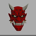 Red Decorative Demon Mask with White Horns Green Eyes and Sharp Teeth