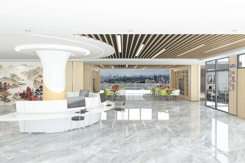 Modern Service Hall Interior With Reception Counter Green Plants Seating Area And City View Windows 3d model 
