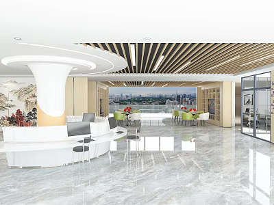 Modern Service Hall Interior With Reception Counter Green Plants Seating Area And City View Windows 3d model