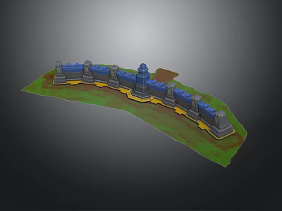 Winding Fortress Wall Structure With Blue Towers Yellow Base And Green Grass 3d model