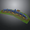 Winding Fortress Wall Structure With Blue Towers Yellow Base And Green Grass