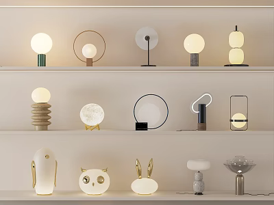 Modern Table Lamps With Various Designs Including Spherical Circular And Animal Shapes On Shelves 3d model