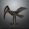 Artistic Bronze Bird Sculpture with Long Beak Outstretched Wings and Square Base
