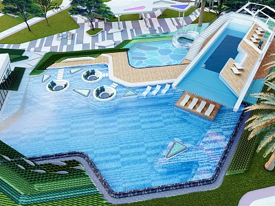 Luxury Swimming Pool Area With Water Slide Lounge Chairs And Lush Greenery 3d model