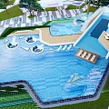 Luxury Swimming Pool Area With Water Slide Lounge Chairs And Lush Greenery