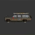 Vintage Off Road Car With Rustic Exterior Roof Mounted Yellow Black Surfboard And Large Tires