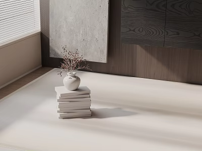 Minimalist White Side Table With Stacked Books And Dried Flower Vase In Modern Interior Space 3d model