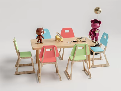 Wooden Kids Table with Colorful Chairs and Playful Teddy Bear Toys in Kids Play Space 3d model