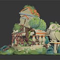 Cartoon Style Treehouse Scene With Green Plants Ladder And Small Structures