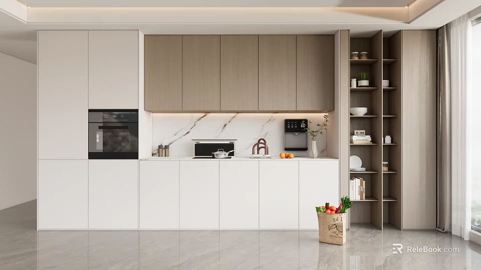 Modern Wine Cabinet With Glass Doors And Wooden Frame In Kitchen Decorated With Wine Bottles 3d model 
