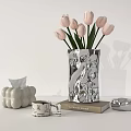 Pink Tulips in Silver Textured Vase with White Tissue Box Mug and Book on Tabletop