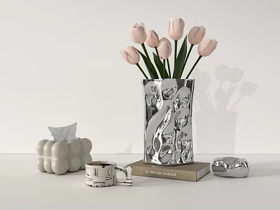 Pink Tulips in Silver Textured Vase with White Tissue Box Mug and Book on Tabletop 3d model