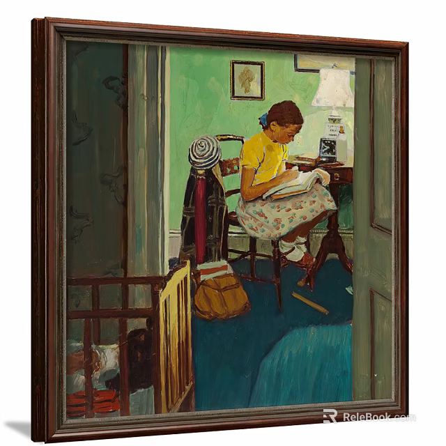 Vintage Figure Painting of Girl Reading Book in Room with Green Wall and Table Lamp 3d model 