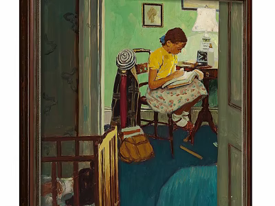 Vintage Figure Painting of Girl Reading Book in Room with Green Wall and Table Lamp 3d model