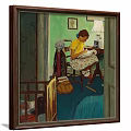 Vintage Figure Painting of Girl Reading Book in Room with Green Wall and Table Lamp
