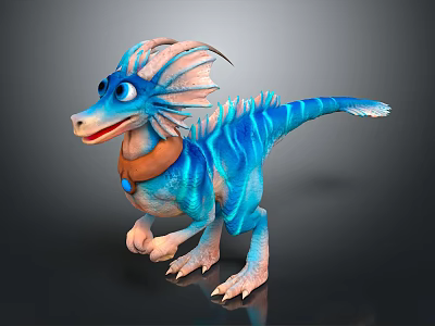 Cute 3D Blue Cartoon Dragon Character With Shiny Scales And Collar 3d model