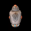 Traditional Decorative Household Container With Silver Body Intricate Patterns Orange Gemstone And Colorful Base Decorations