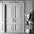 Elegant White Double Doors with Golden Handles Wall Paneling and Green Plant in Black Pot