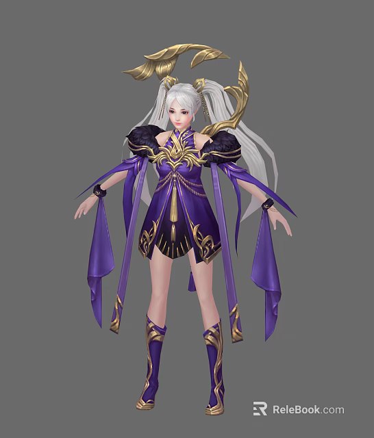 Elegant Game Movie Character With White Long Hair Twin Ponytails And Purple Gold Flowing Outfit 3d model 