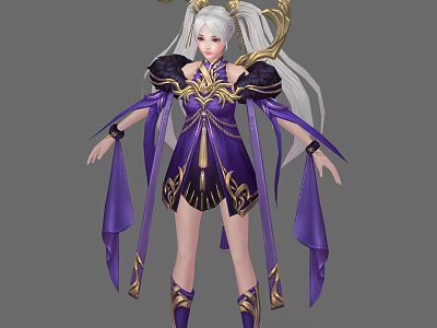 Elegant Game Movie Character With White Long Hair Twin Ponytails And Purple Gold Flowing Outfit 3d model